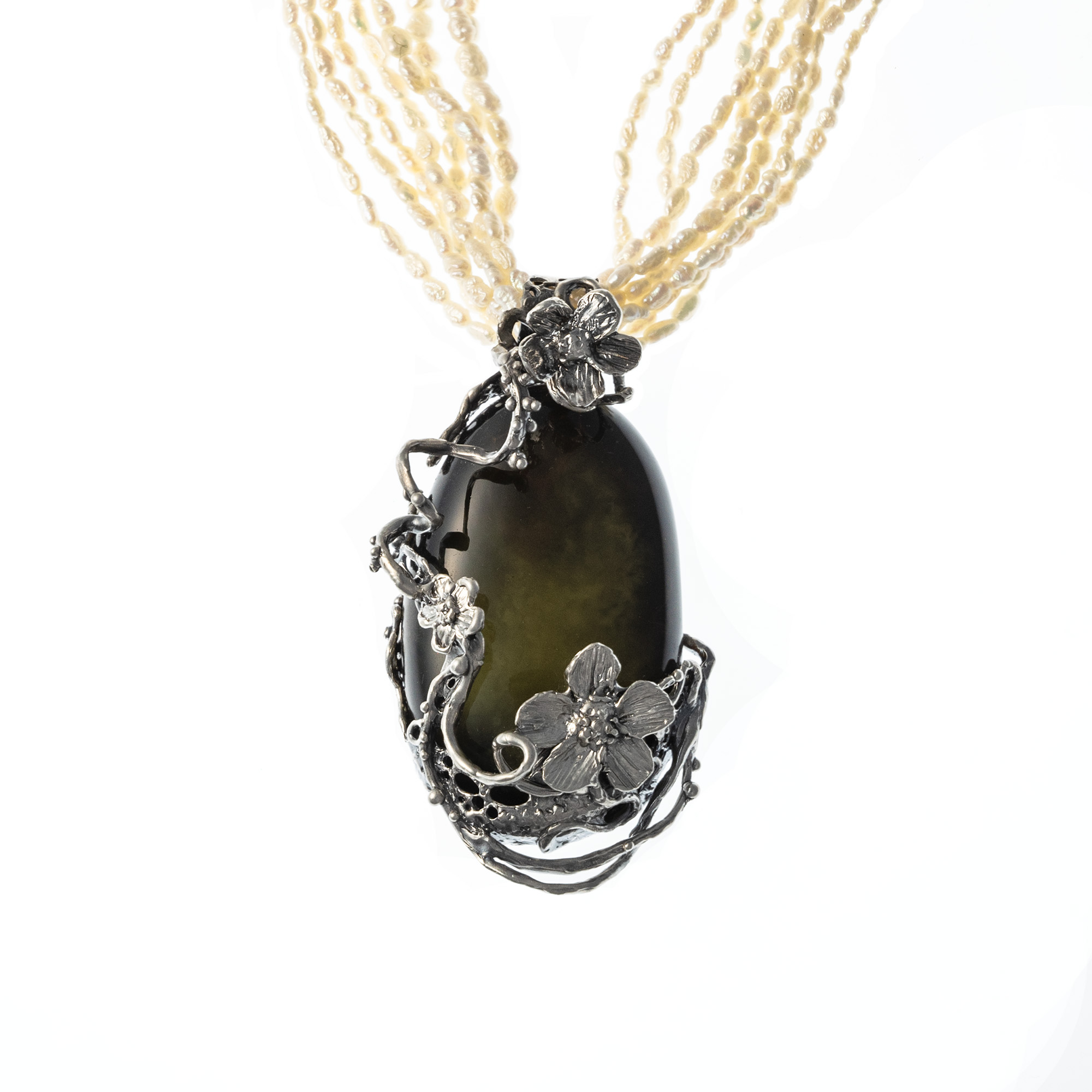 Sterling Silver Baltic Amber Pendant with Flowers 6